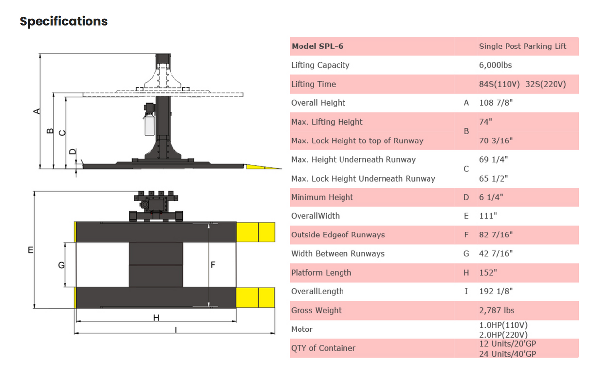 AMGO SPL-6 Single Post Parking Lift