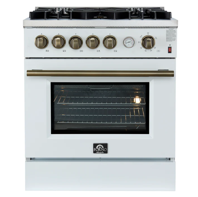 FORNO Giovanni 30" 4.32 cu. ft. Gas Range with 5 Burners, Air Fry Basket, Wok Support and Griddle in White with Antique Brass Accents, FFSGS6274-30WHT