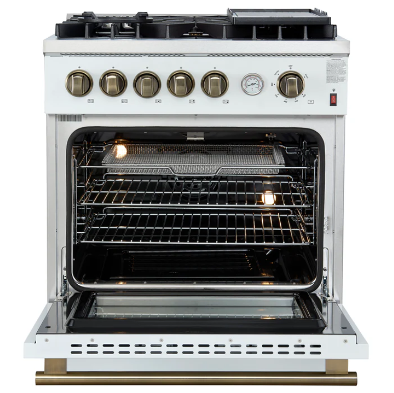 FORNO Giovanni 30" 4.32 cu. ft. Gas Range with 5 Burners, Air Fry Basket, Wok Support and Griddle in White with Antique Brass Accents, FFSGS6274-30WHT