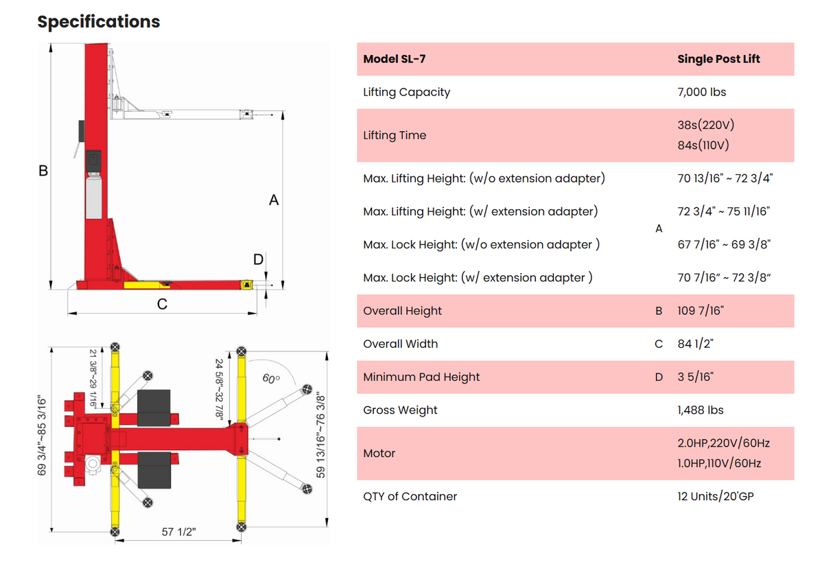 AMGO SL-7 7,000 lbs Single Post Lift