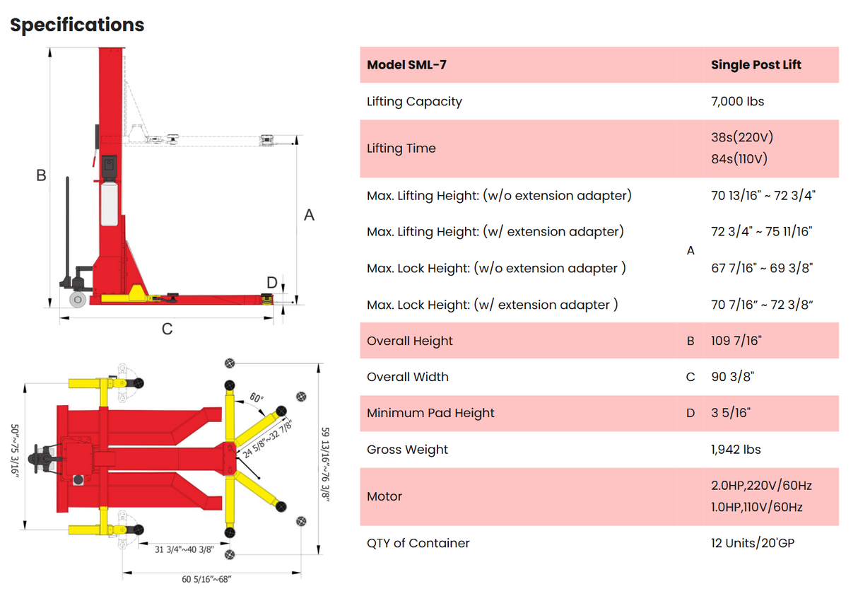 AMGO SML-7 7,000 lbs Single Post Lift