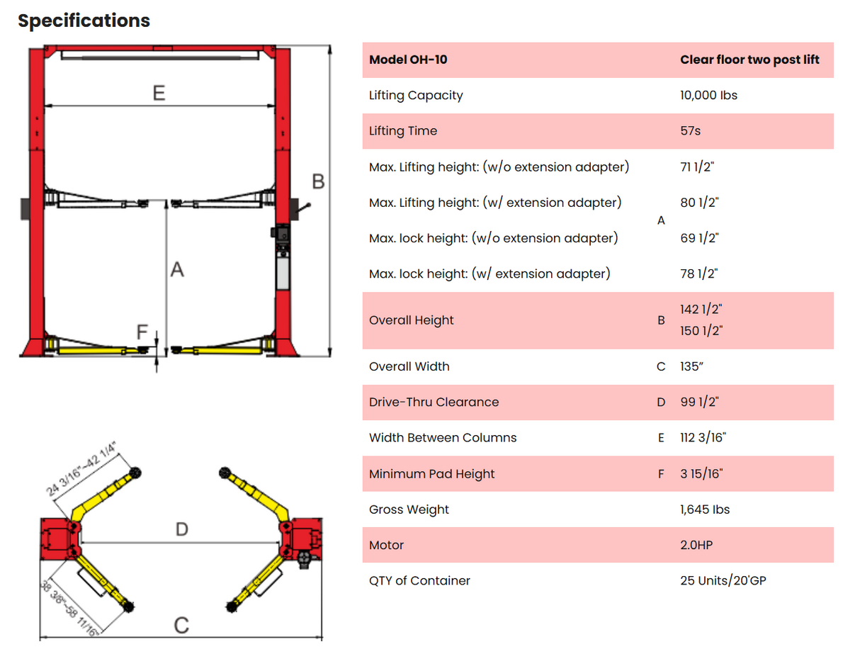 AMGO OH-10 10,000 lbs 2 Post Lift