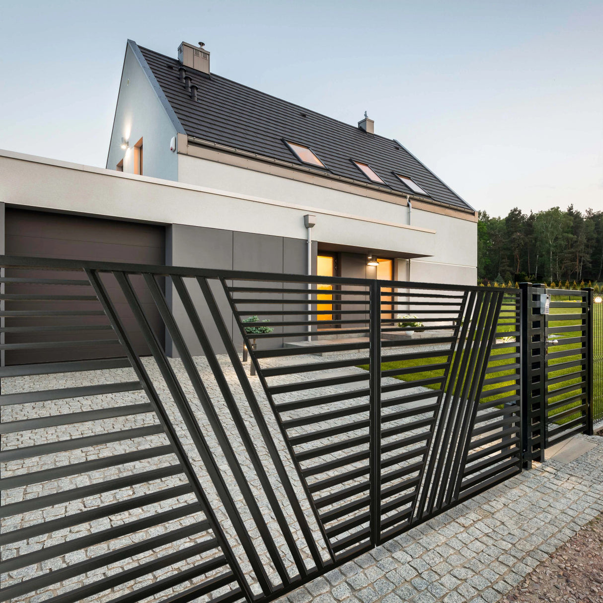 Aleko Steel Dual Swing Driveway Gate with Pedestrian Gate – Sofia Style - 12 ft.