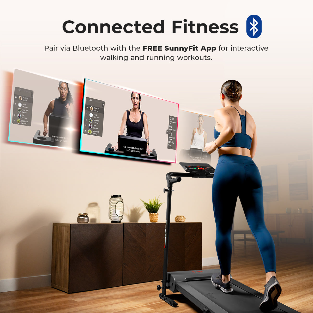 Sunny Health Fitness Compact Motorized Smart Treadmill with Easy Assembly & Folding