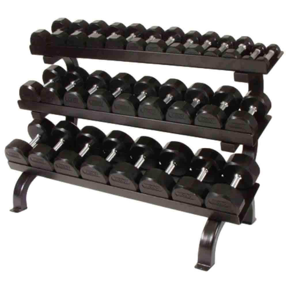 Troy 5 lb to 75 lb 12-sided Rubber Dumbbells Set with VTX shelf rack
