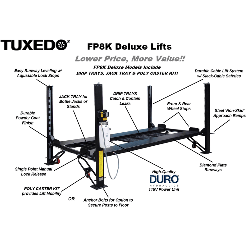 Tuxedo FP8K-DX-XLT 8,000 lb Deluxe Storage Lift Extended Length / Height - Poly casters, drip trays, jack tray FP8K-DX-XLT