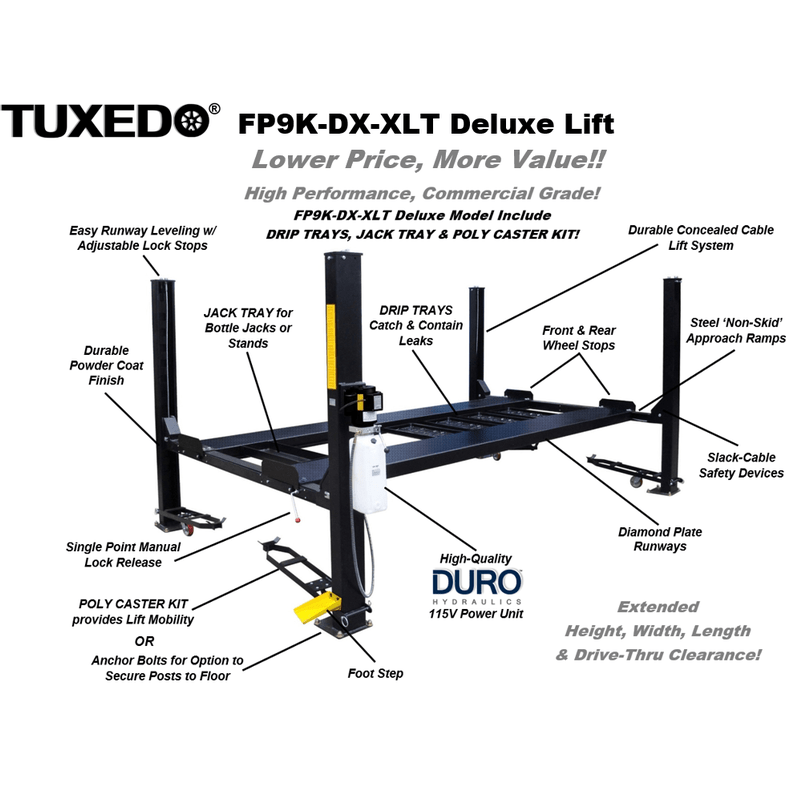 Tuxedo FP9K-DX-XLT 9,000 lb Deluxe Storage Lift Extended Length / Height - Poly casters, drip trays, jack tray FP9K-DX-XLT