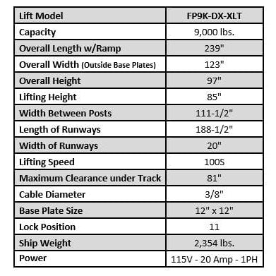 Tuxedo FP9K-DX-XLT 9,000 lb Deluxe Storage Lift Extended Length / Height - Poly casters, drip trays, jack tray FP9K-DX-XLT