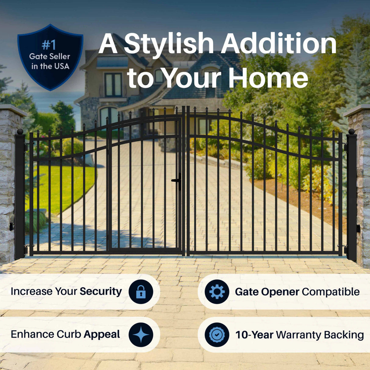 Aleko Steel Dual Swing Driveway Gate with Built-In Pedestrian Door - VIENNA Style - 14 x 7 Feet