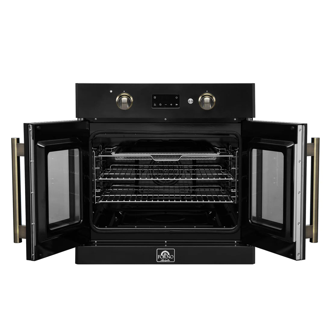 FORNO Asti 30" 3.58 cu. ft. French Door Electric Wall Oven with Air Fry, Self-Clean and Sous Vide in Black with Antique Brass Accents, FBOEL1333-30BLK