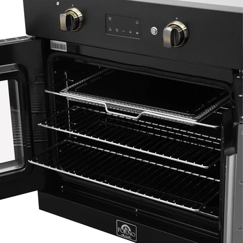 FORNO Asti 30" 3.58 cu. ft. French Door Electric Wall Oven with Air Fry, Self-Clean and Sous Vide in Black with Antique Brass Accents, FBOEL1333-30BLK