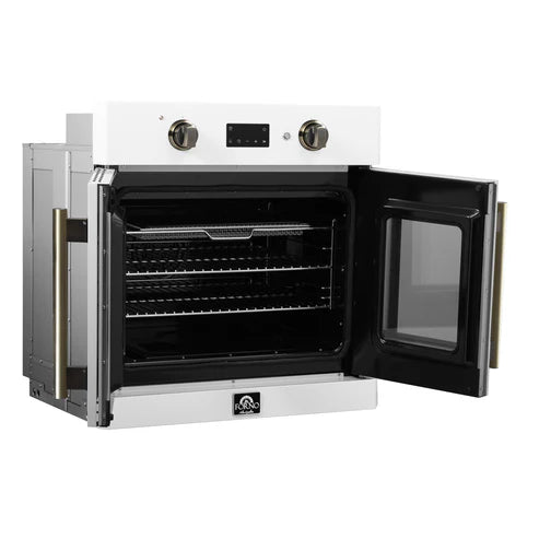 FORNO Asti 30" 3.58 cu. ft. French Door Electric Wall Oven with Air Fry, Self-Clean and Sous Vide in White with Antique Brass Accents, FBOEL1333-30WHT