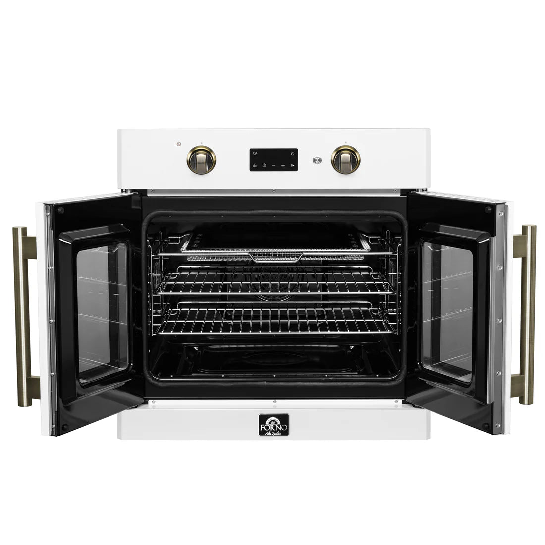 FORNO Asti 30" 3.58 cu. ft. French Door Electric Wall Oven with Air Fry, Self-Clean and Sous Vide in White with Antique Brass Accents, FBOEL1333-30WHT