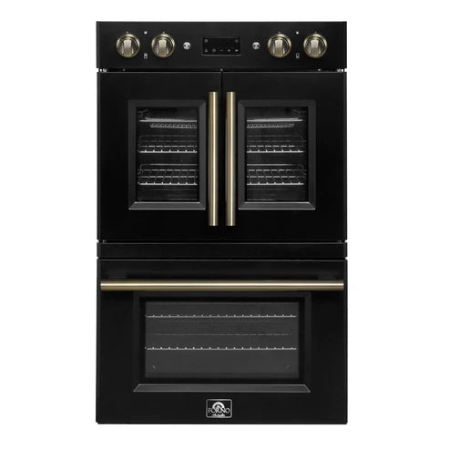 FORNO Asti 30" 7.36 cu. ft. French Door Double Electric Wall Oven with Air Fry, Self-Clean and Sous Vide in Black with Antique Brass Accents, FBOEL1340-30BLK