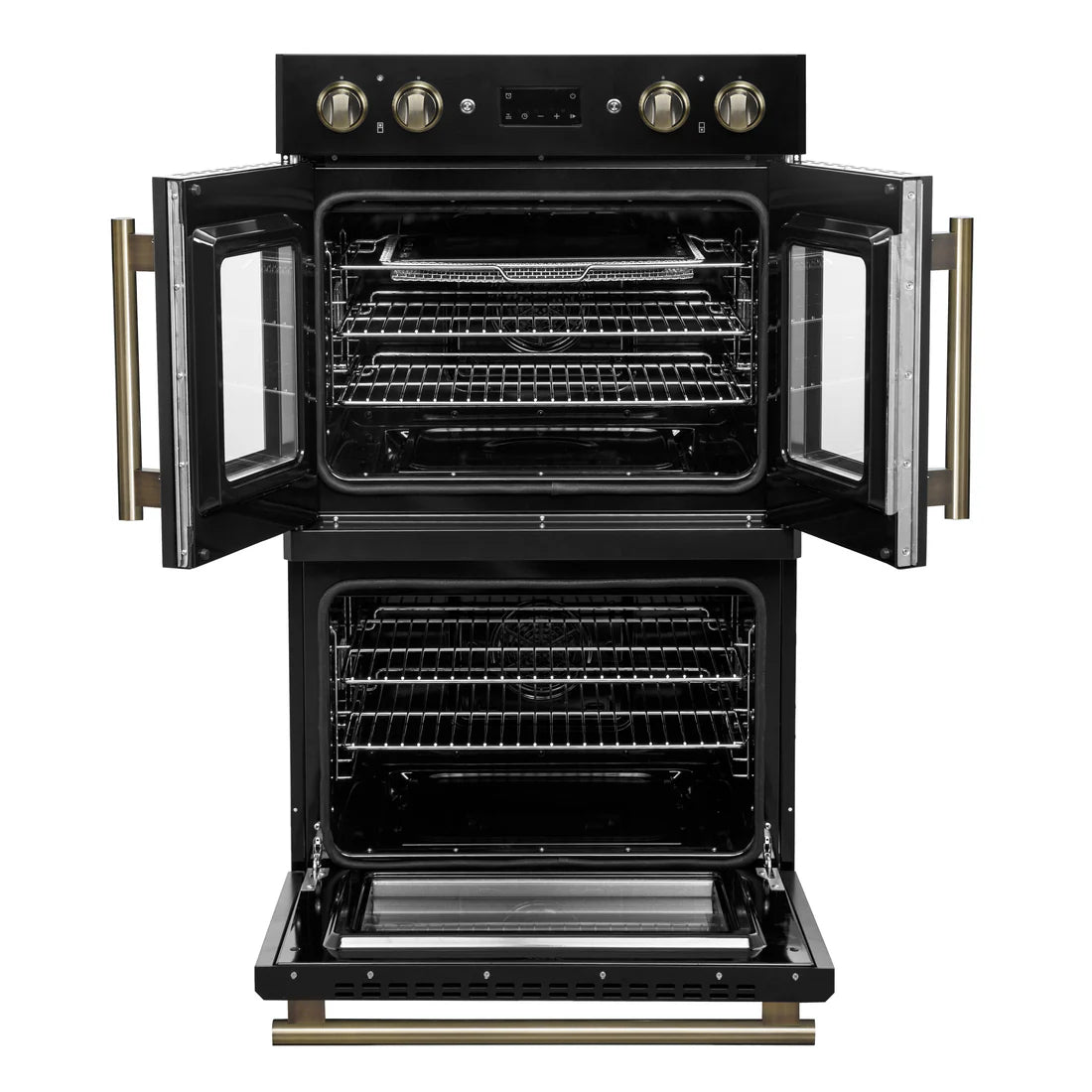 FORNO Asti 30" 7.36 cu. ft. French Door Double Electric Wall Oven with Air Fry, Self-Clean and Sous Vide in Black with Antique Brass Accents, FBOEL1340-30BLK