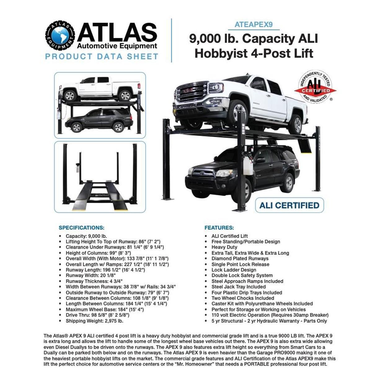 Atlas Apex 9 ALI Certified 9,000 lb 4-Post Lift