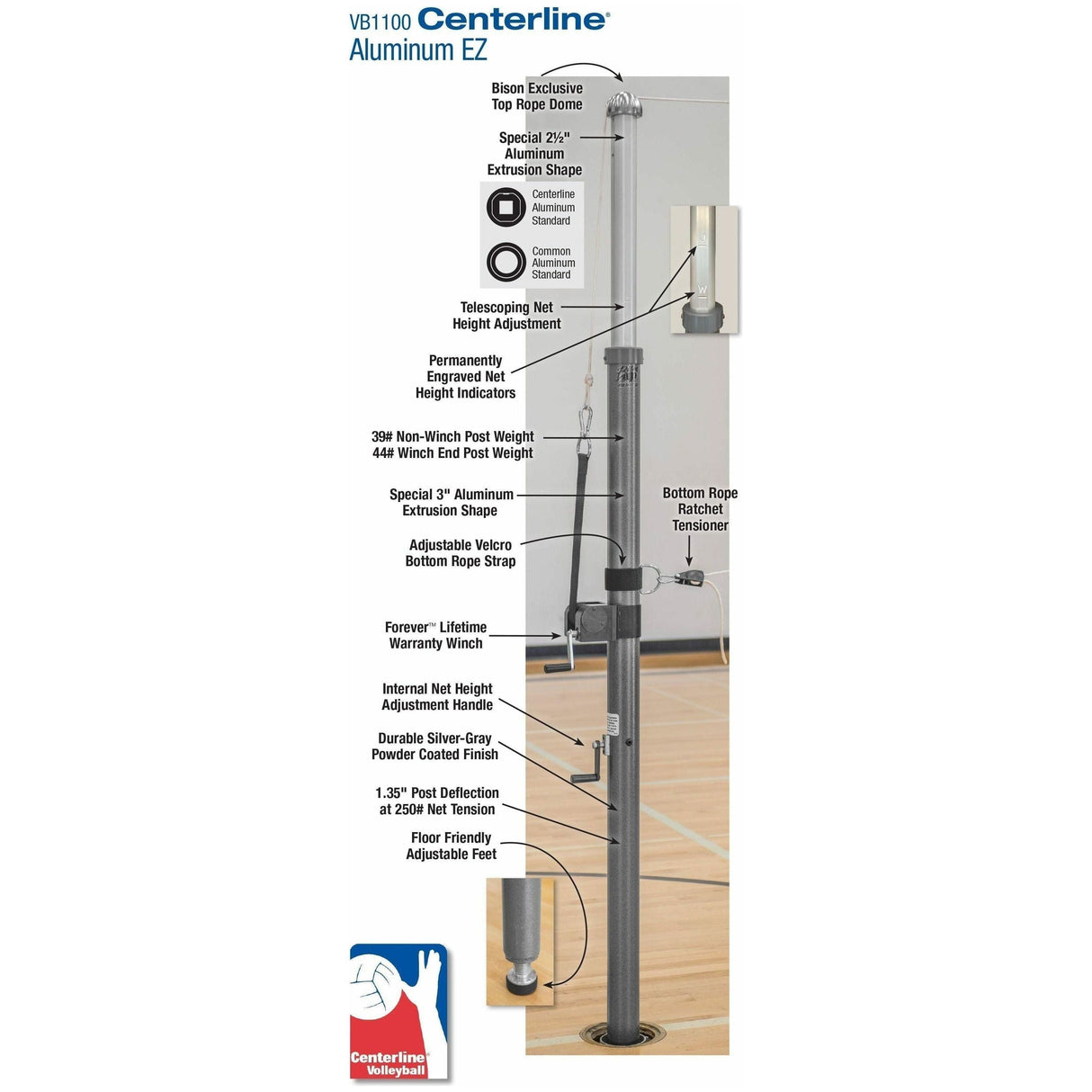 Bison 3" Centerline Aluminum EZ Volleyball Standards VB11