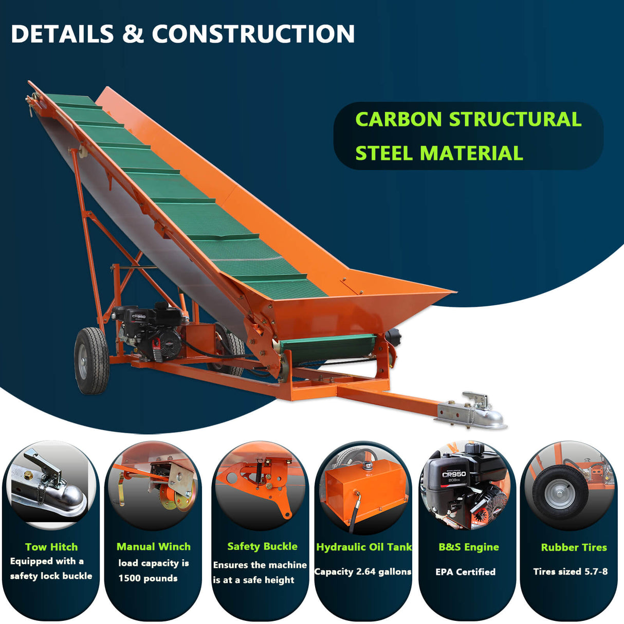 6.5HP Firewood Conveyor Max. 9.3ft Lift Height with B&S Engine and 19.7" PVC Belt