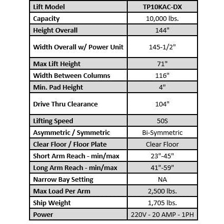 iDEAL TP10KAC-DX 10,000 lb Two Post Clear Floor --Direct Drive - Bi-Symmetric - 3 Stage - Single Point ALI Certified W/PU TP10KAC-DX