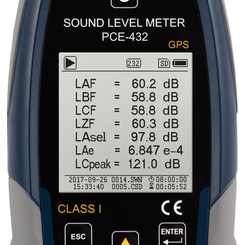 PCE 432 Class 1 Decibel Sound Meter with GPS (22 - 136dB)
