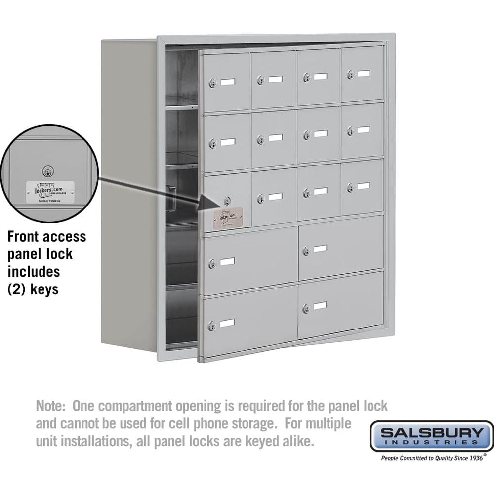Recessed Mounted Cell Phone Locker with 12 A Doors (11 usable) 4 B Doors in Aluminum - Keyed Locks by Salsbury