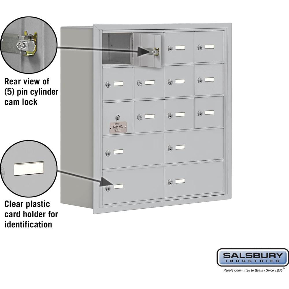 Recessed Mounted Cell Phone Locker with 12 A Doors (11 usable) 4 B Doors in Aluminum - Keyed Locks by Salsbury