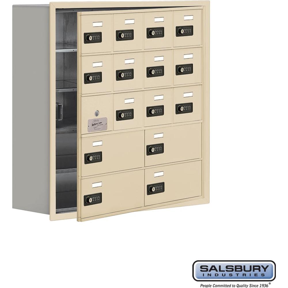 Recessed Mounted Cell Phone Storage Locker with 12 A Doors (11 usable) 4 B Doors in Aluminum - Resettable Combination Locks by Salsbury