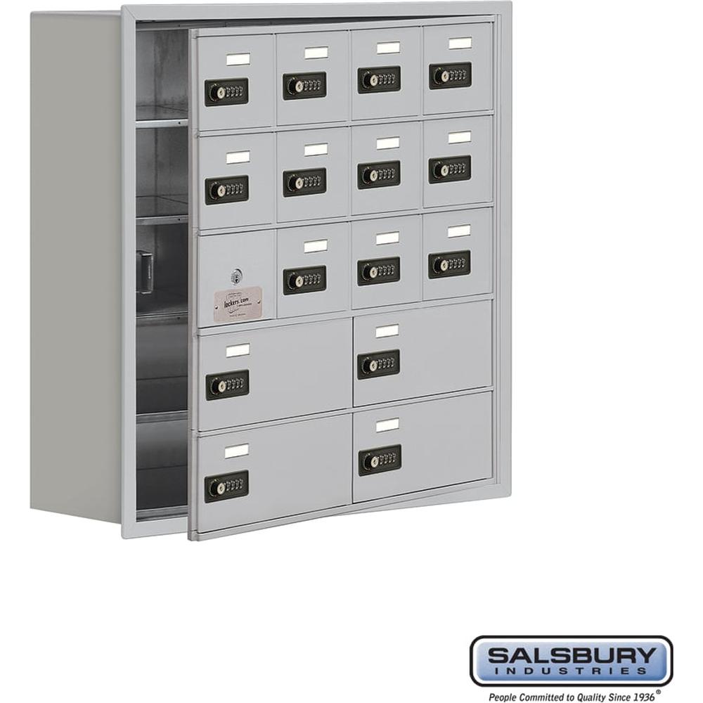Recessed Mounted Cell Phone Storage Locker with 12 A Doors (11 usable) 4 B Doors in Aluminum - Resettable Combination Locks by Salsbury