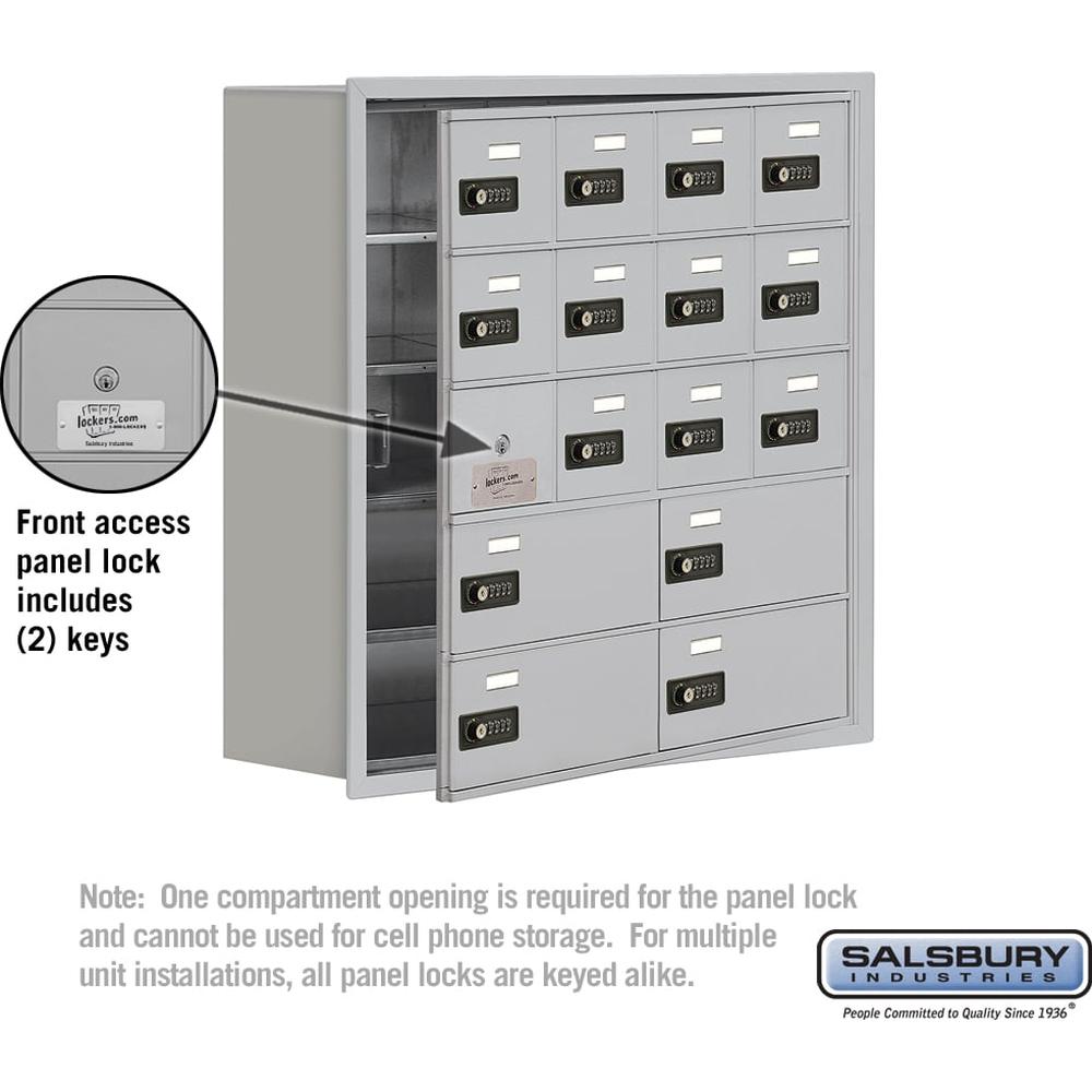 Recessed Mounted Cell Phone Storage Locker with 12 A Doors (11 usable) 4 B Doors in Aluminum - Resettable Combination Locks by Salsbury