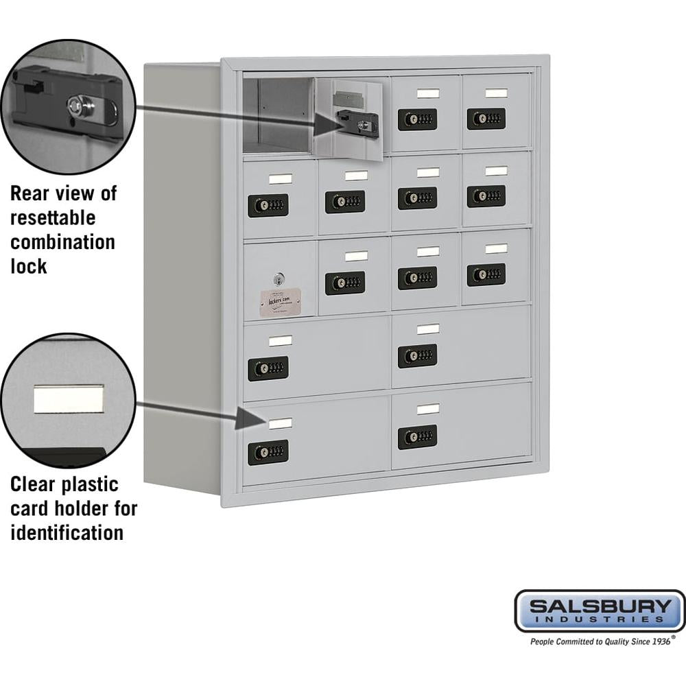 Recessed Mounted Cell Phone Storage Locker with 12 A Doors (11 usable) 4 B Doors in Aluminum - Resettable Combination Locks by Salsbury