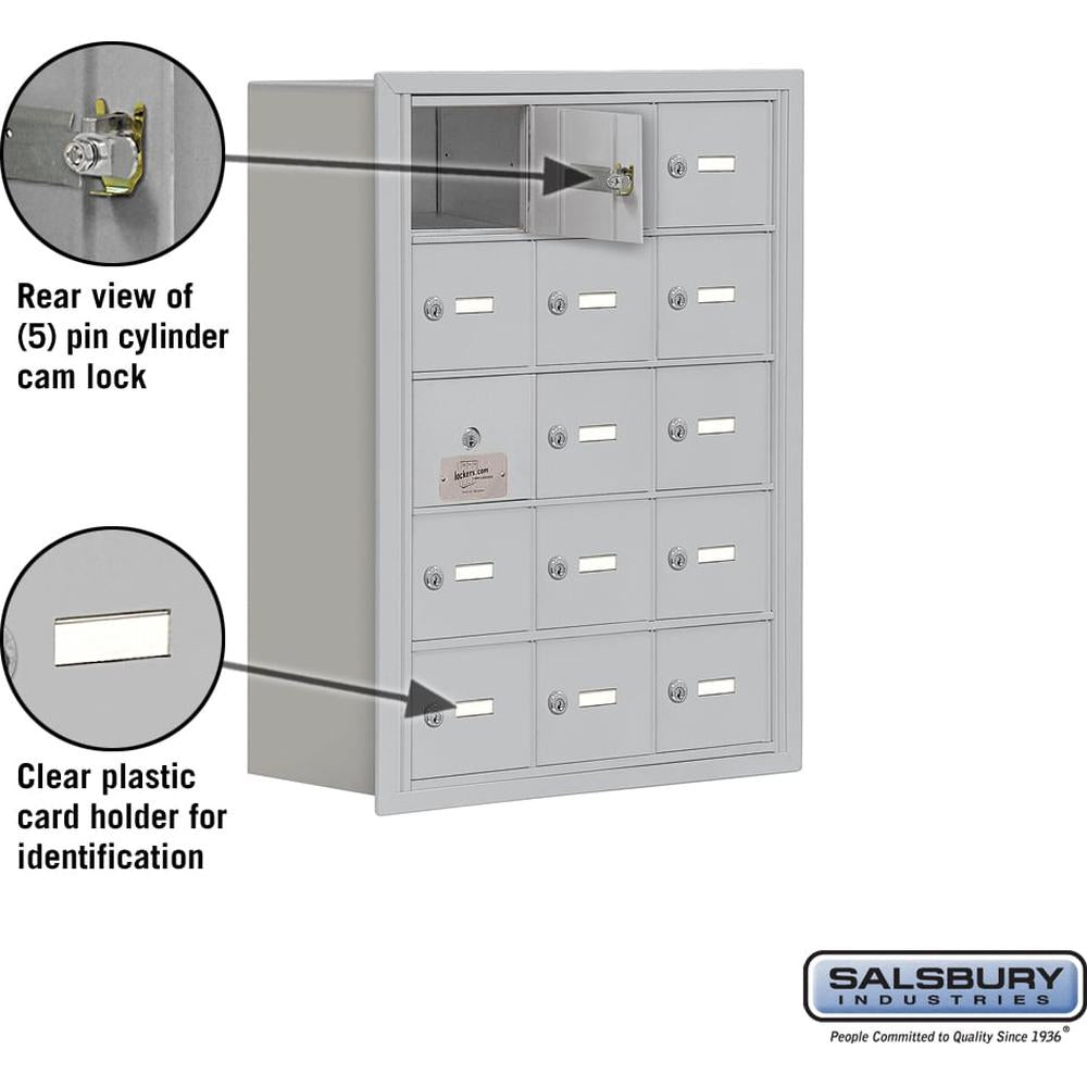 Recessed Mounted Cell Phone Storage Locker with 15 A Doors (14 usable) in Aluminum - Keyed Locks by Salsbury