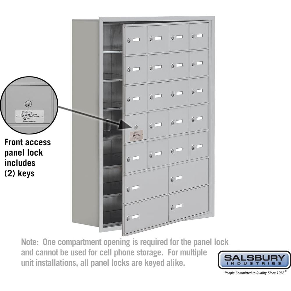 Recessed Mounted Cell Phone Storage Locker with 20 A Doors (19 usable) 4 B Doors in Aluminum - Keyed Locks by Salsbury