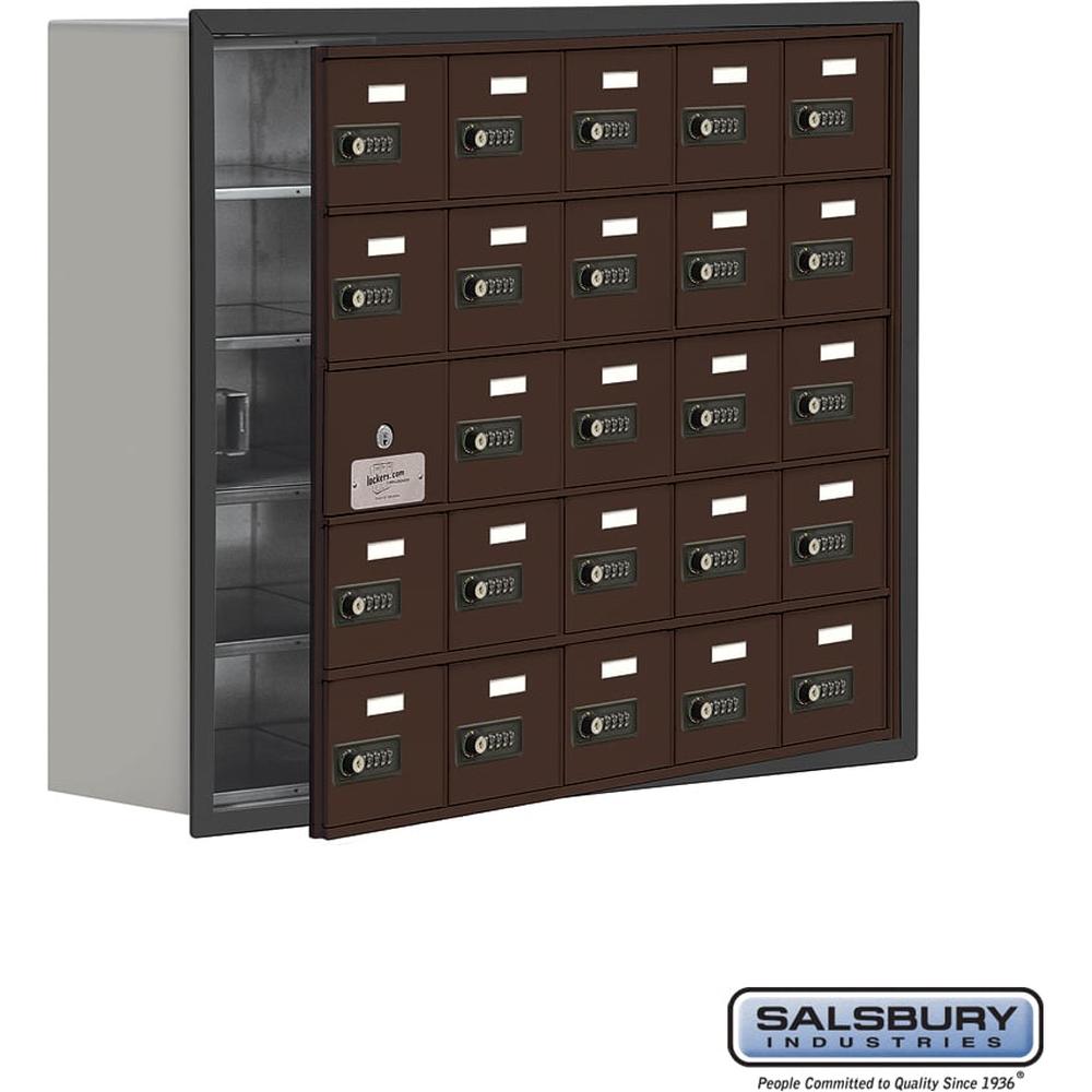 Recessed Mounted Cell Phone Storage Locker with 25 A Doors (24 usable) in Aluminum - Keyed Locks by Salsbury