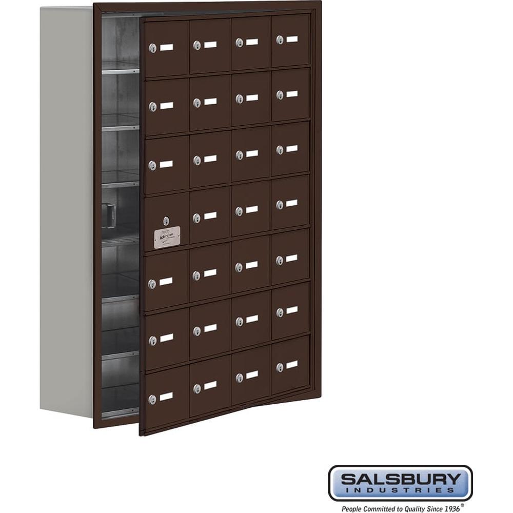 Recessed Mounted Cell Phone Storage Locker with 28 A Doors (27 usable) in Aluminum - Keyed Locks by Salsbury