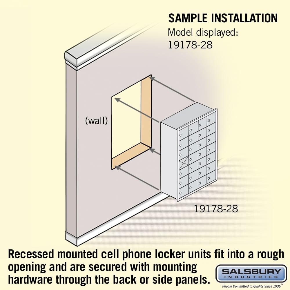 Recessed Mounted Cell Phone Storage Locker with 28 A Doors (27 usable) in Aluminum - Keyed Locks by Salsbury
