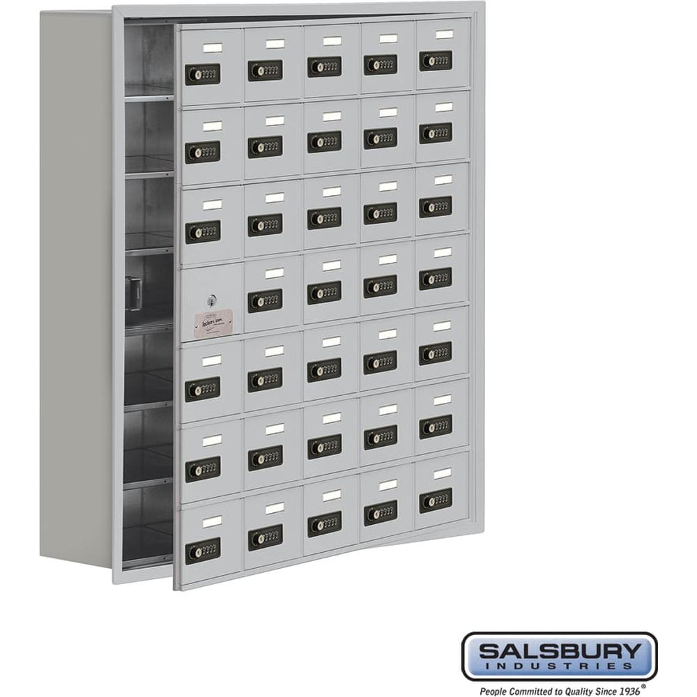 Recessed Mounted Cell Phone Storage Locker with 35 A Doors (34 usable) in Aluminum - Keyed Locks by Salsbury