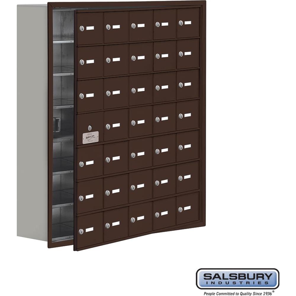 Recessed Mounted Cell Phone Storage Locker with 35 A Doors (34 usable) in Aluminum - Keyed Locks by Salsbury