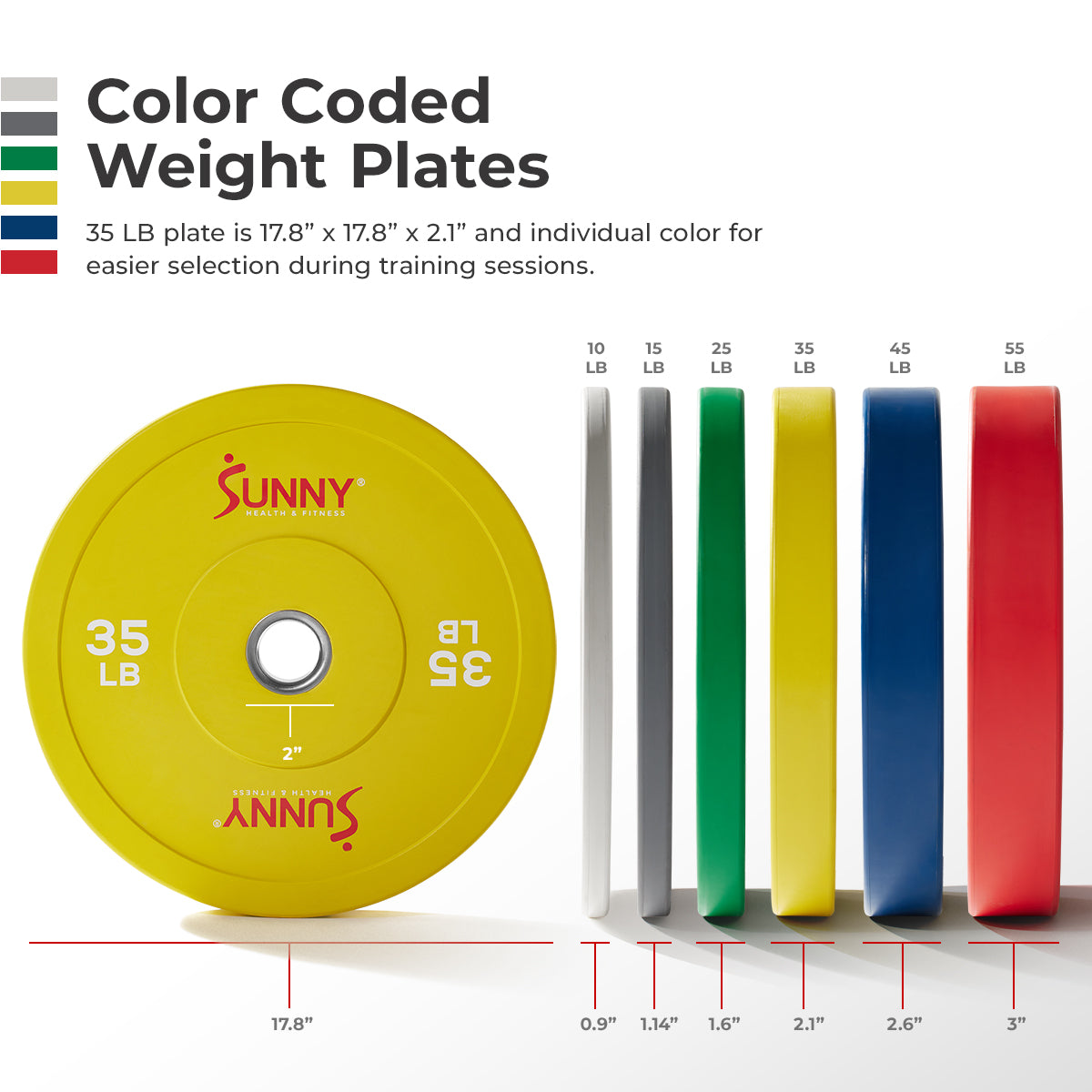 Sunny Health & Fitness Strength Elite 2-inch Rubber Olympic Weight Plates 10 - 55 LBS