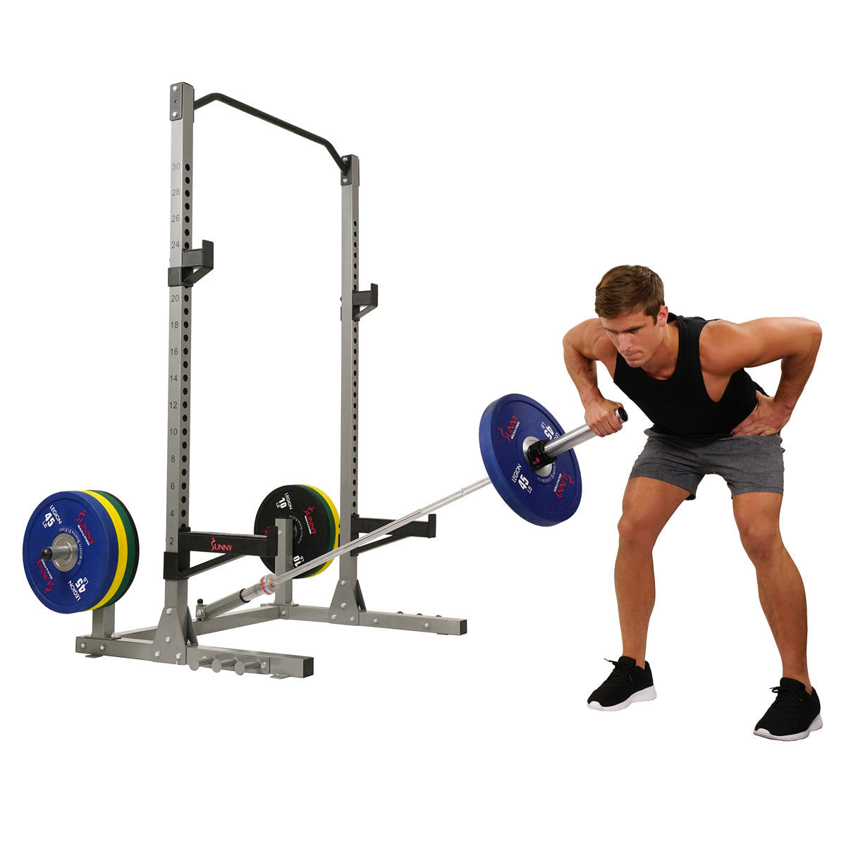Sunny Health & Fitness Power Squat Rack w/ Attachments & High Weight Capacity, Olympic Weight Plate Storage, & Swivel Landmine