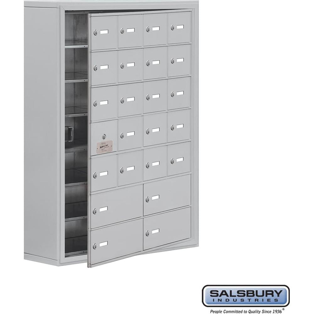 Surface Mounted Cell Phone Locker with 20 A Doors (19 usable) 4 B Doors in Aluminum - Keyed Locks by Salsbury