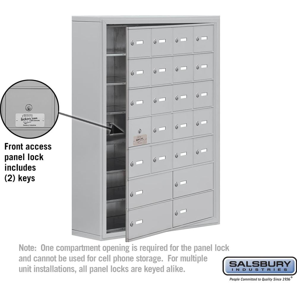 Surface Mounted Cell Phone Locker with 20 A Doors (19 usable) 4 B Doors in Aluminum - Keyed Locks by Salsbury