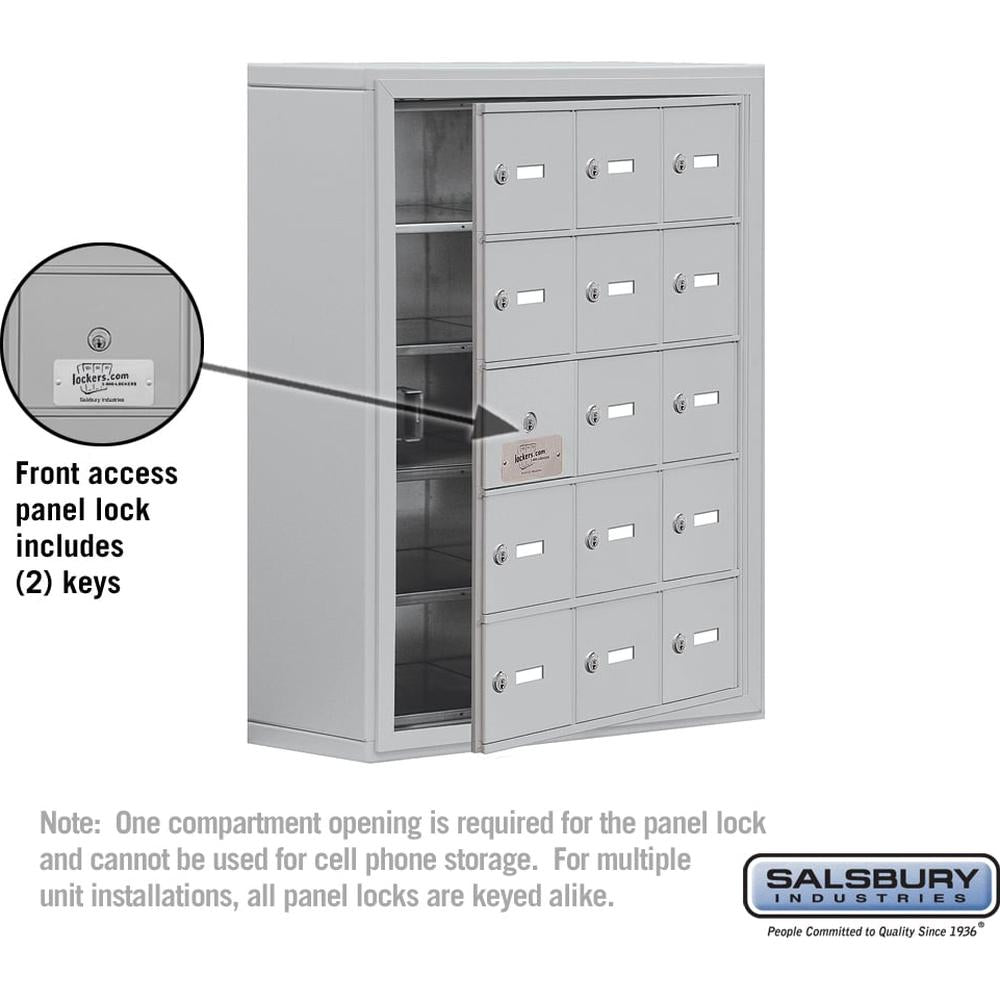 Surface Mounted Cell Phone Storage Locker with 15 A Doors (14 usable) in Aluminum - Keyed Locks by Salsbury