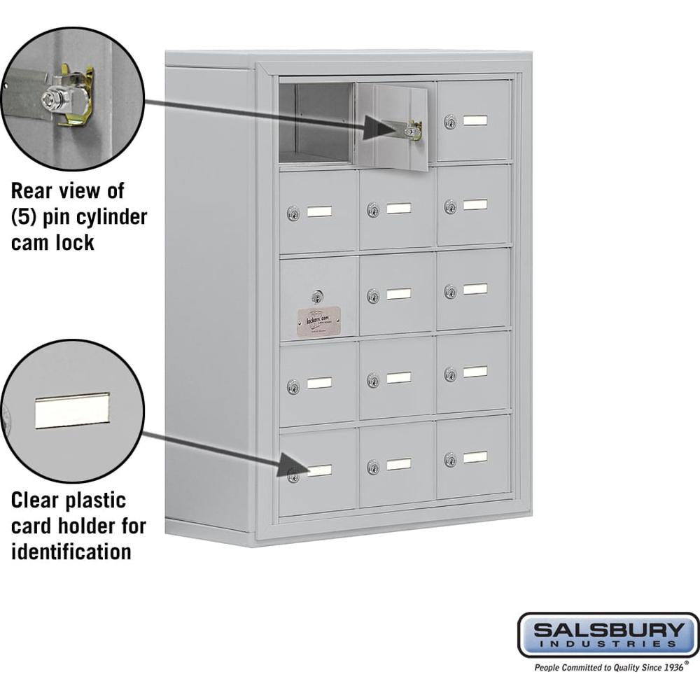Surface Mounted Cell Phone Storage Locker with 15 A Doors (14 usable) in Aluminum - Keyed Locks by Salsbury