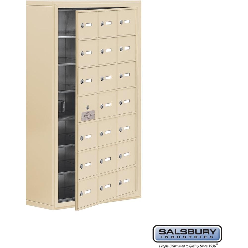 Surface Mounted Cell Phone Storage Locker with 21 A Doors (20 usable) in Aluminum - Keyed Locks by Salsbury