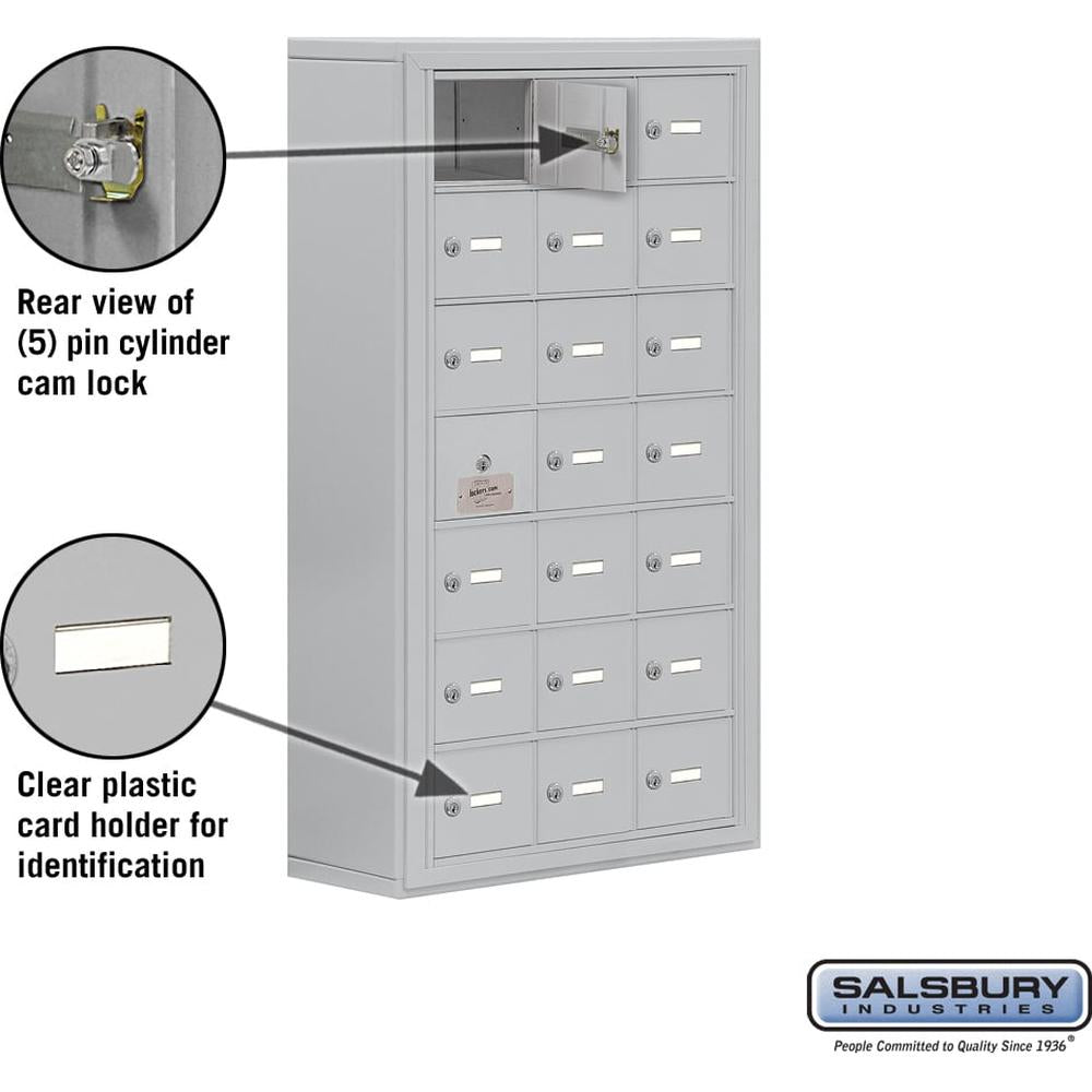 Surface Mounted Cell Phone Storage Locker with 21 A Doors (20 usable) in Aluminum - Keyed Locks by Salsbury