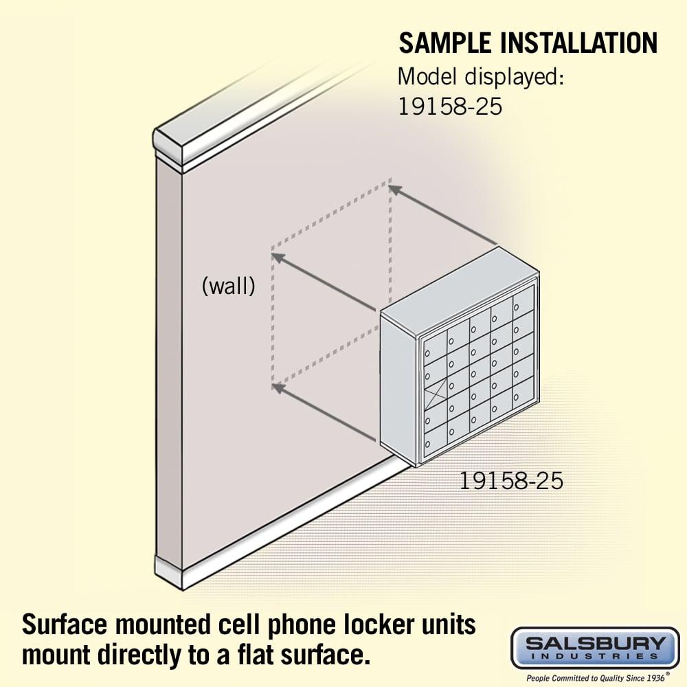 Surface Mounted Cell Phone Storage Locker with 25 A Doors (24 usable) in Aluminum - Keyed Locks by Salsbury