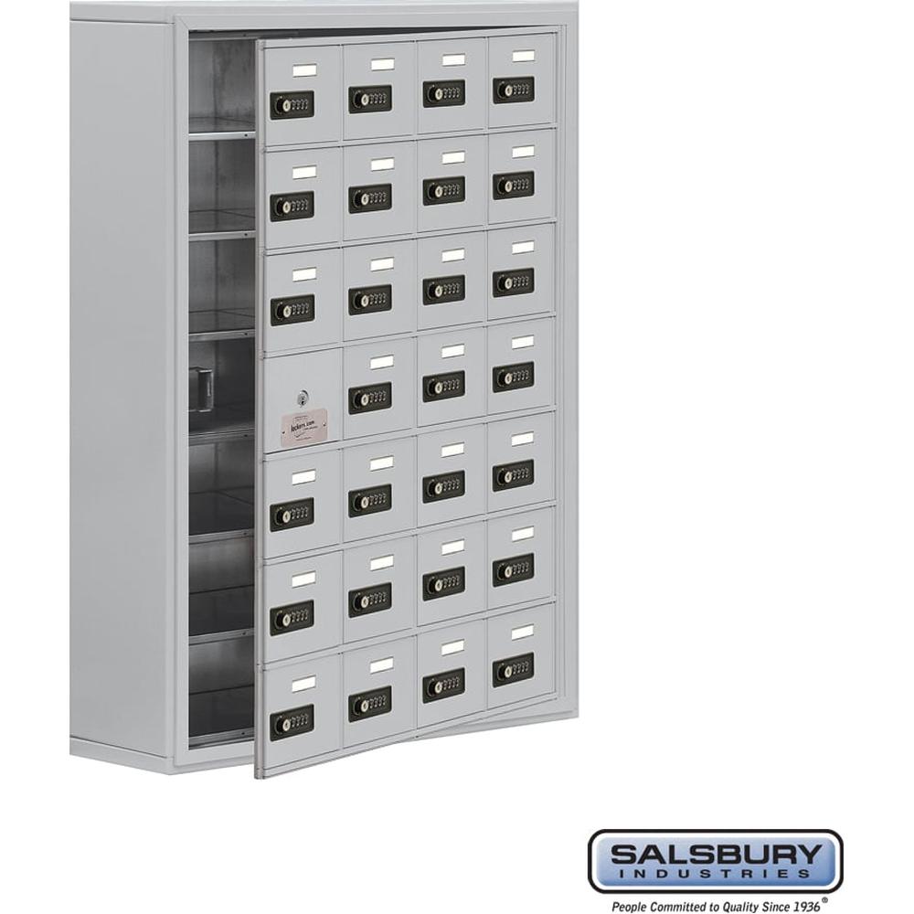 Surface Mounted Cell Phone Storage Locker with 28 A Doors (27 usable) in Aluminum - Keyed Locks by Salsbury
