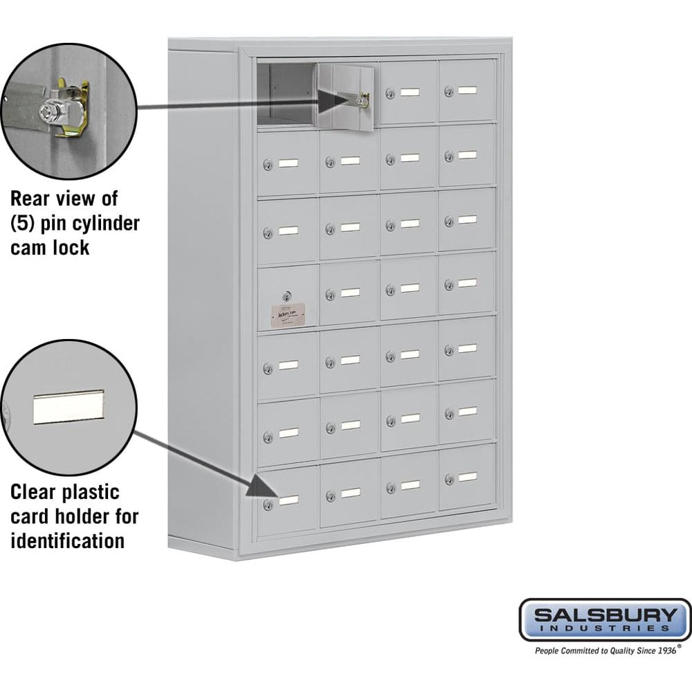 Surface Mounted Cell Phone Storage Locker with 28 A Doors (27 usable) in Aluminum - Keyed Locks by Salsbury
