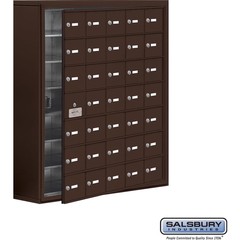 Surface Mounted Cell Phone Storage Locker with 35 A Doors (34 usable) in Aluminum - Keyed Locks by Salsbury