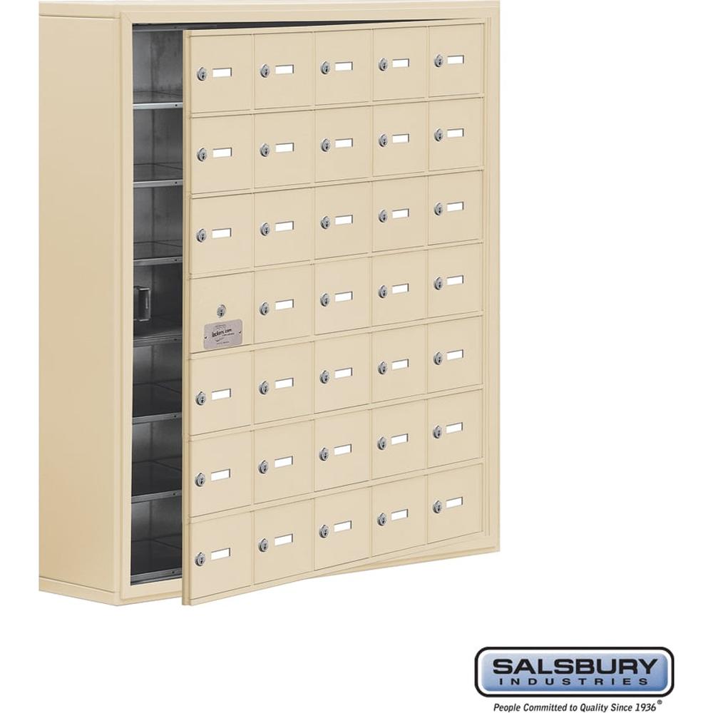 Surface Mounted Cell Phone Storage Locker with 35 A Doors (34 usable) in Aluminum - Keyed Locks by Salsbury